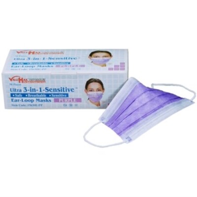 ULTRA 3-IN-1 SENSITIVE EAR-LOOP MASK - PURPLE, 50/BX. ASTM LEVEL 2 - VALUMAX