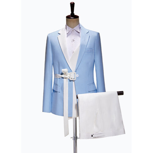 Men's Blue White Slim Fitt Belt Suit Stage Singer Performance Suit Dress 2pcs  - Picture 1 of 26