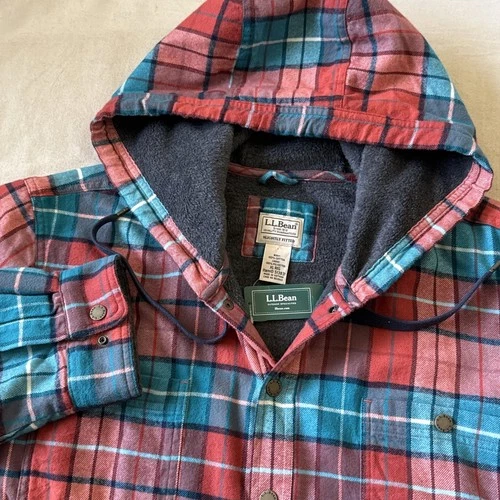 NWT LL Bean Mens Fleece Lined Flannel Hooded Shirt Jacket Blue Green Plaid XL - product listing photo