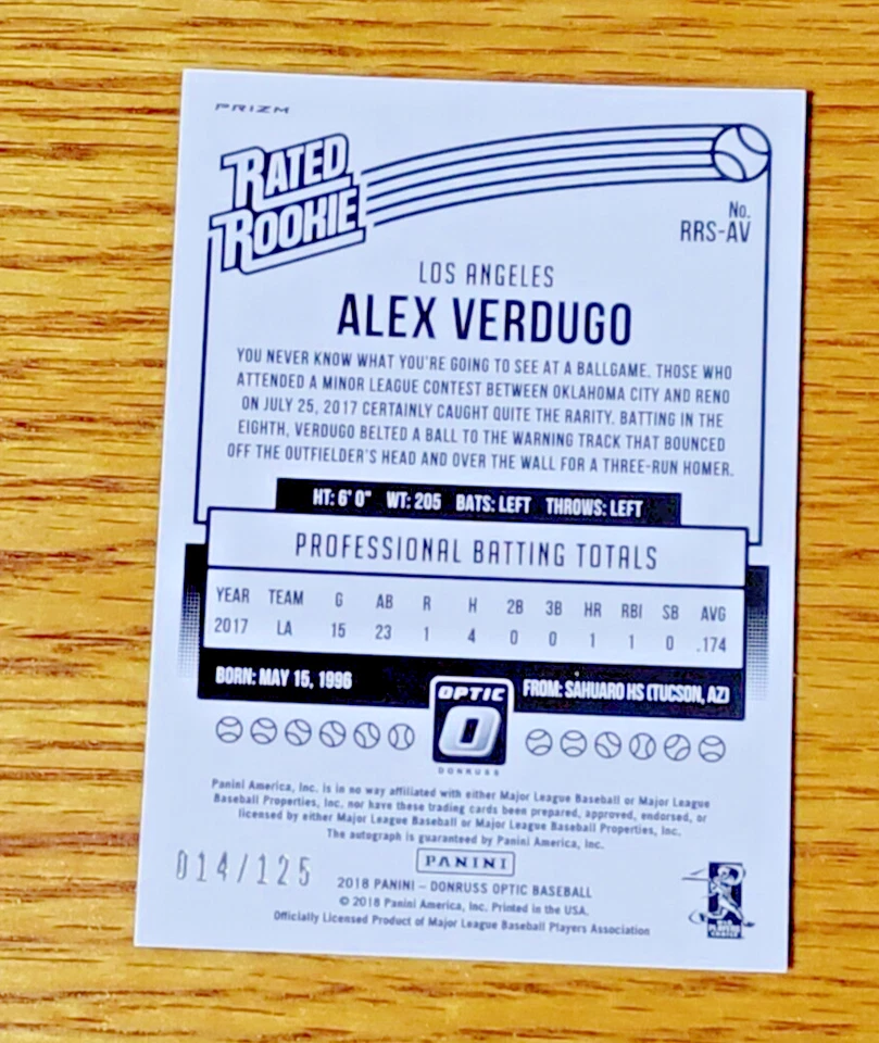 ALEX VERDUGO 2018 Donruss Optic RC Rated Rookie Signatures Aqua Prizm Auto /125 - Image 2 of 2