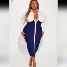 Fashion Nova Let's Get Serious Midi Shirt Dress - Navy/combo Size Large (NWT)