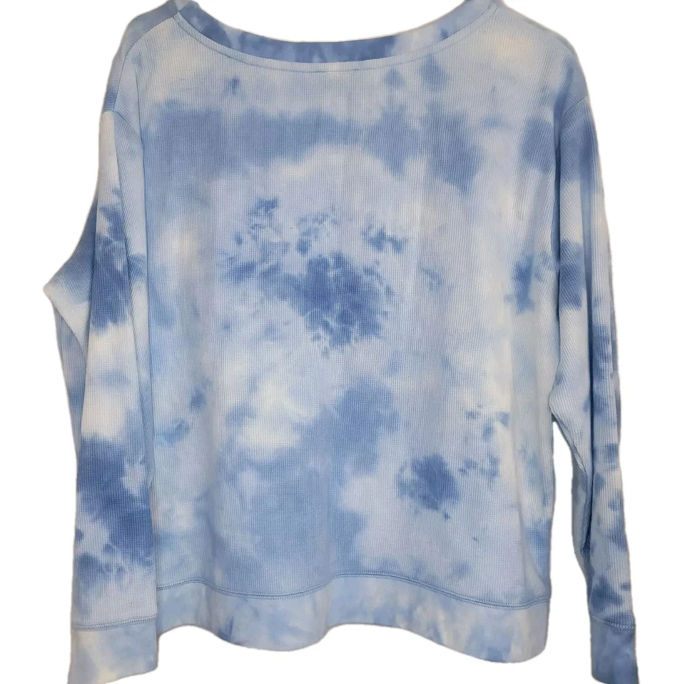 Splendid Top Womens Medium Waffle Knit Thermal Long Sleeve Blue White Athleisure - Imagem 3 de 4