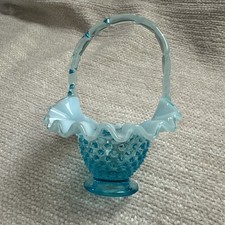 1940's Fenton Blue Opalescent Hobnail Ruffled Glass Basket with Handle