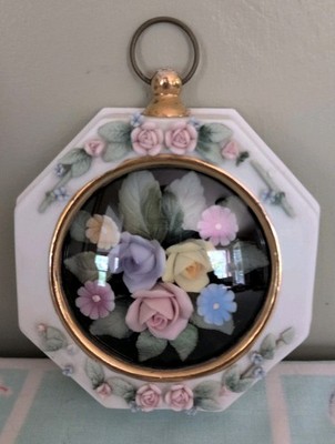 Vintage Lefton Wall Plaque Bisque Porcelain Diamond Shape Frame W Flowers Farm 