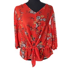 Sheer Floral Tie Front Blouse Womens XL Red B...