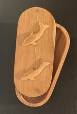 Handmade Wooden with Lid Carved Dolphins Oval 11.25