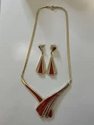 Stunning Vintage Crown Trifari GoldTone Red Enamel Necklace/Earrings Jewelry Set