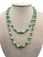 Czech Glass Necklace Green Art Glass And Brass Filigree Beads Double Strand