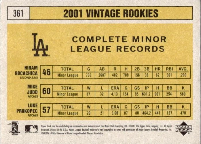 Bocachica / Judd / Prokopec 2001 Upper Deck #361 Los Angeles Dodgers - Image 2 of 2