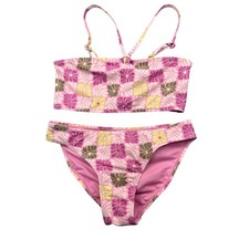 Roxy Swimsuit Girl 10 Two Piece Bikini Set Floral Print Checker Pink Yellow