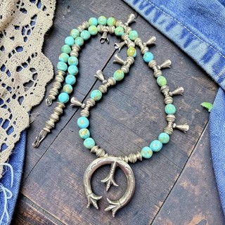 22" Sterling NAVAJO Pearl Kingman Turquoise Squash Blossom Necklace VTG Silver