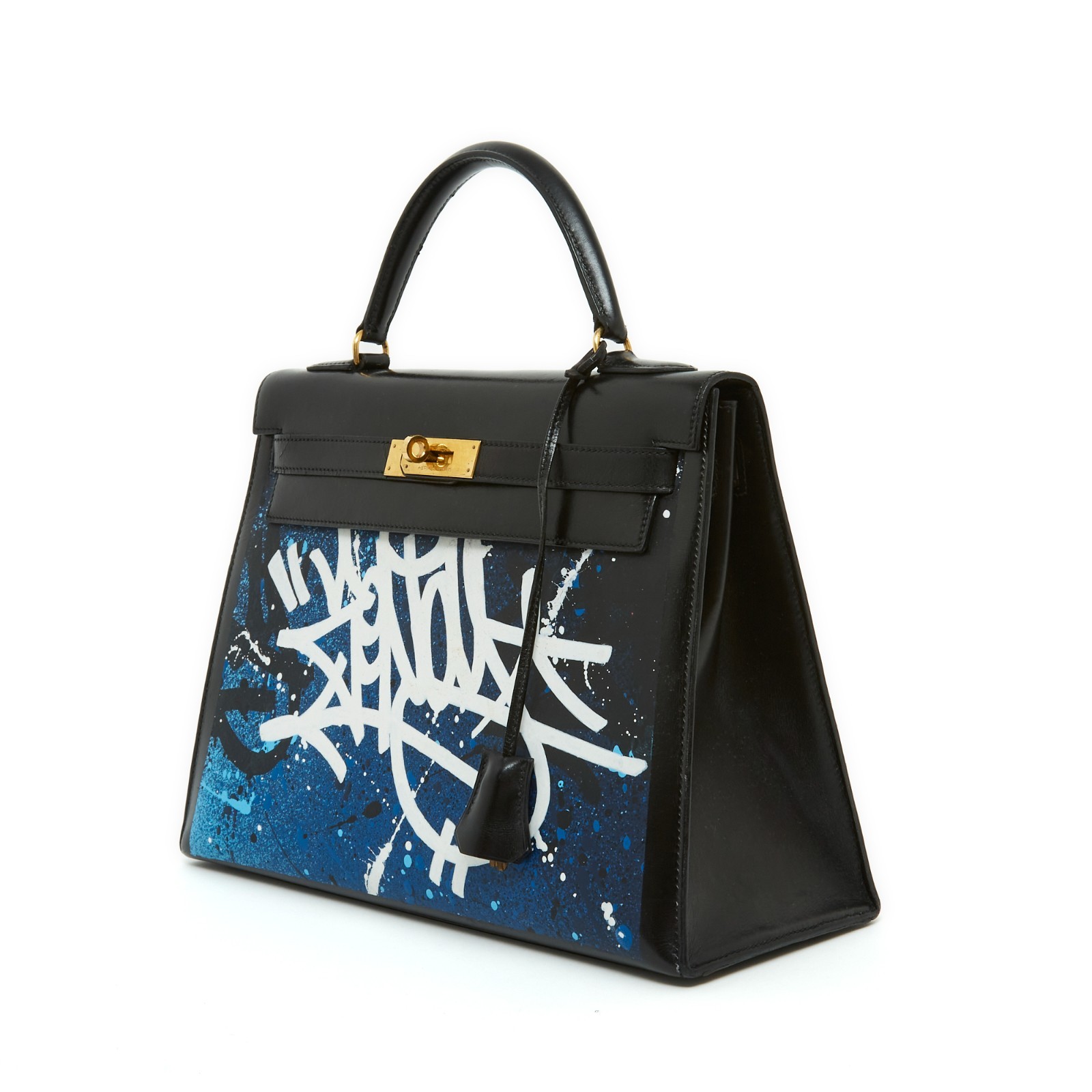 Hermès 1989 Zenoï Kelly 32 Sellier Black Leather Graffiti Hermes Bag with strap