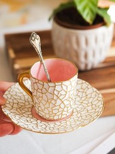 Antique Coalport Porcelain With Gilt demitasse Pink Cup And Saucer  c1891s