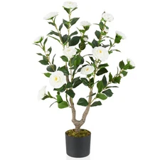 36" Artificial Camellia Tree Fake Potted Tree Greenery Floral Plant Modern