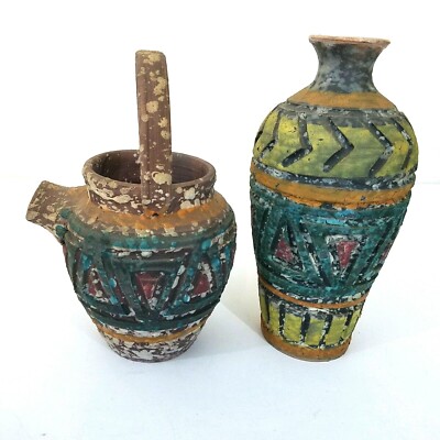 Raymor Italian Mid Century Carved Pottery Vase & Small Pitcher With Spout 2 pcs