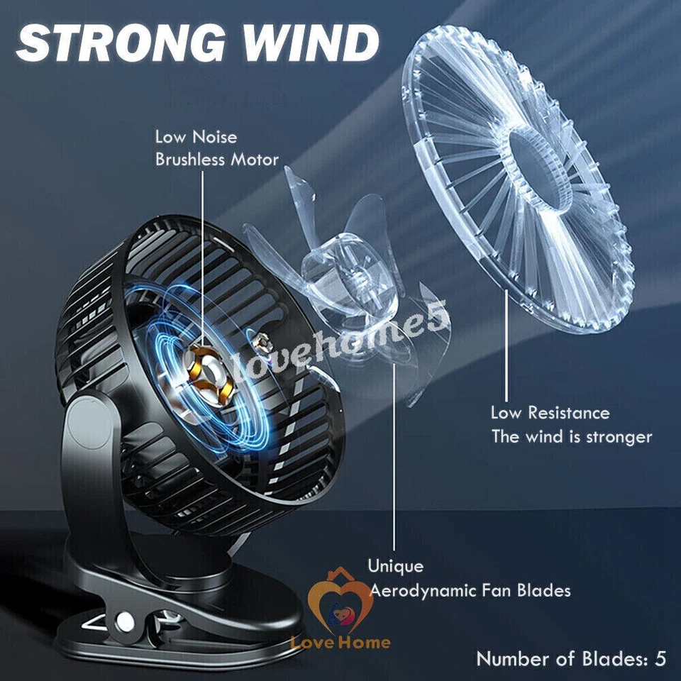 360° 5 inch 3 Speeds 5 Blade Desk Fan USB Quiet Cooling 5000mAh Clip on Portable - Image 4 of 4