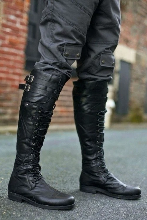 Vintage Medieval Men's Boots Shoes Winter Knee High Boots Cross Strap Lace Up - Image 3 of 4