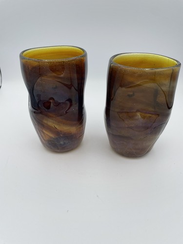 Brown Yellow Amber Swirl Crackle Hand Blown Small Tumbler Glasses 4.5"-Set of 2