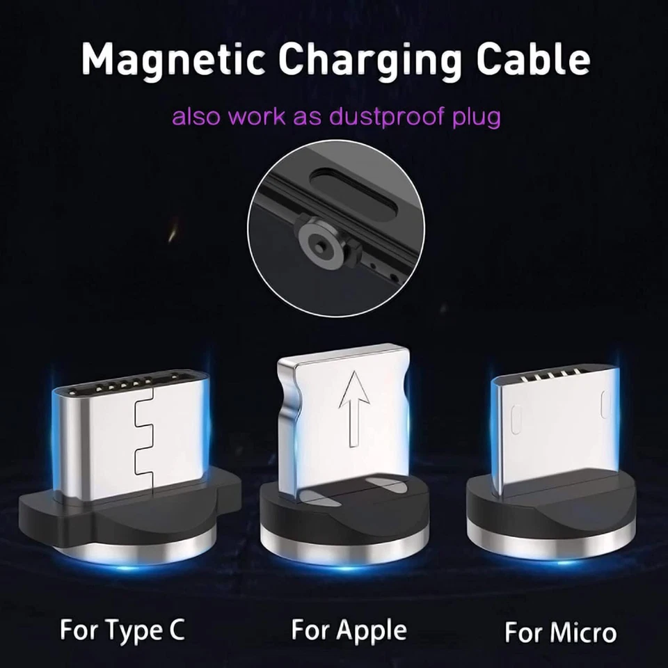 Magnetic Rotating USB Charging Cable USB Cord 3-in-1 Fast Charger Wireless LED - Image 3 of 4