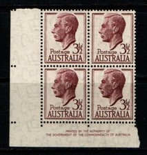 Australia 1951 1952 King George VI 3½d imprint block of 4 SG247 MNH