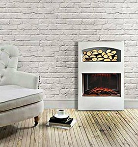 White Electric Fireplace With Log Storage Led Flame Effect Wall