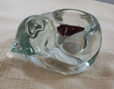Indiana Glass Clear Crystal Sleeping Cat Used Votive/Pressed Glass Candle Holder