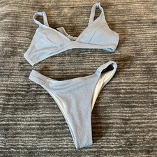 Bikini Set Womens Small Smocked Bottom And Top Light Blue Vacation Beach Swim