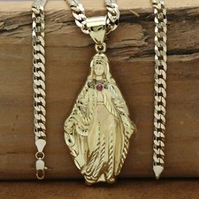 18k Gold Plated Virgin Mary Religious Pendant Cubic Zirconia 24" Cuban Chain L