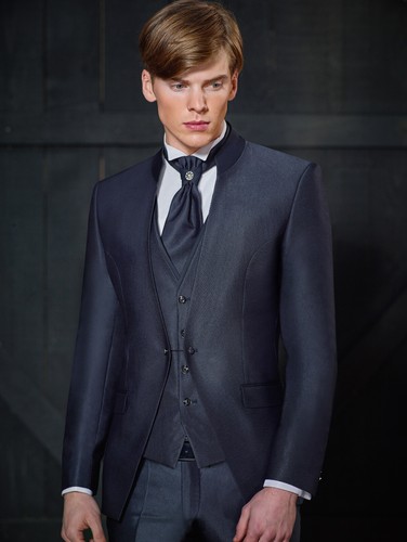 Abito Sposo Slim Fit Baggi Blu Navy Collo alla Coreana con Panciotto e  Cravatta | eBay