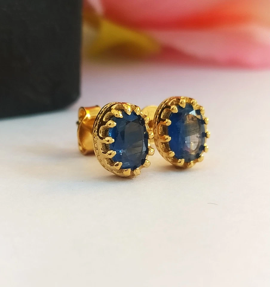 Crown Kyanite Oval Cab Stud Earrings 14K Yellow Gol jewelry For Women - Image 4 of 4