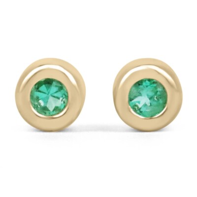 0.50tcw Spring Green Colombian Emerald-Round Cut Bezel Set Stud Earrings 14K
