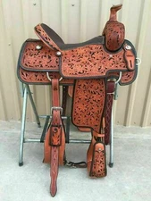 Equestrian Western dual Tone Leather Hand carved Roper Ranch Saddle