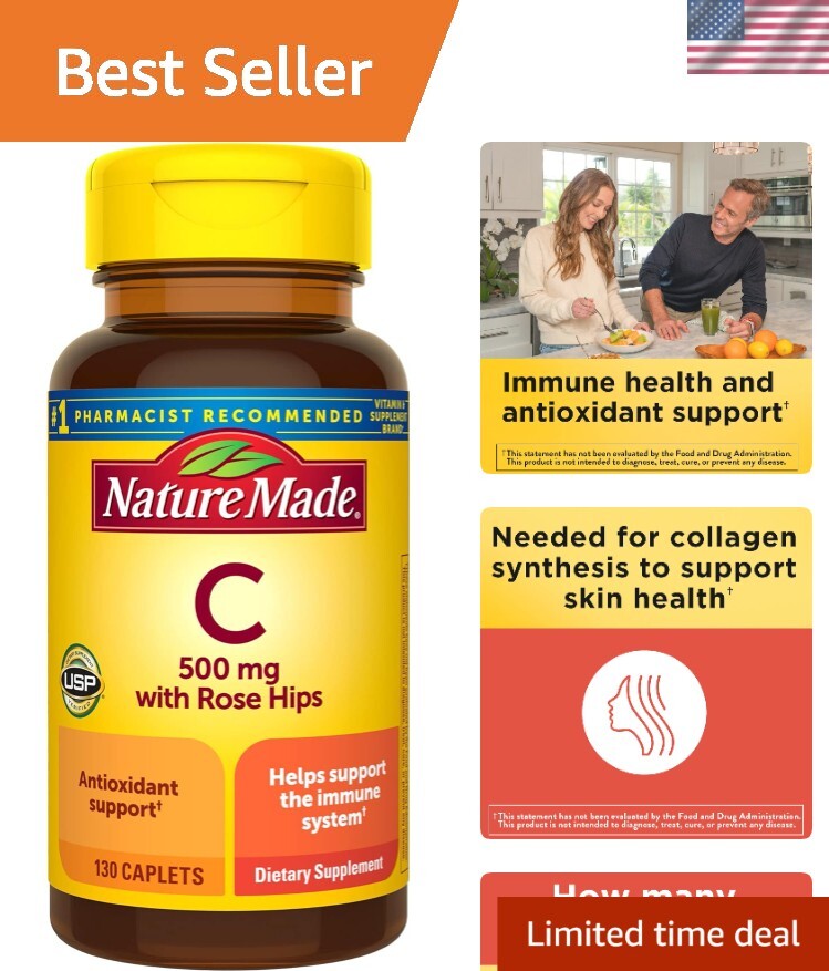 Gluten-Free Vitamin C 500 mg Caplets with Rose Hips - Immune & Antioxidant Boost