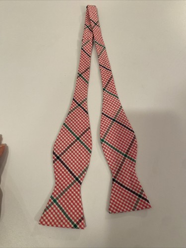 Bow tie Ties.com Self-Tie Butterfly End Cotton Pink Checked W/ Green Stripe VGUC - Picture 3 of 7