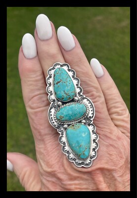 NAVAJO~LONG~3 ~STONE ~# 8 TURQUOISE ~ SS~ RING~LEROY JAMES