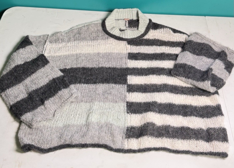 Free People Alpaca Striped Patchwork Sweater Gray… - image 1