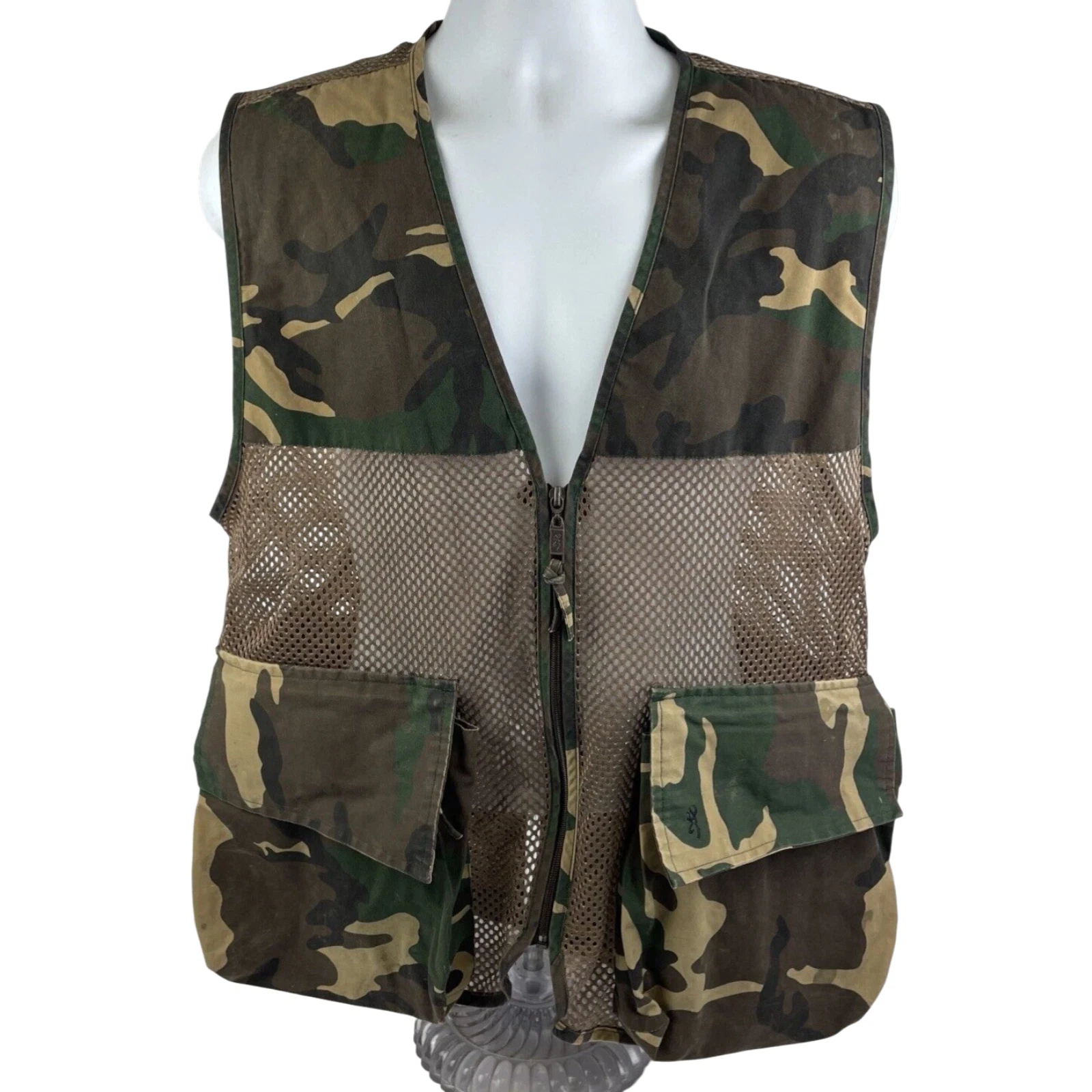 Browning Vest Mens Medium Brown Camo Duck Bird Hunting Game Pocket Full Zip