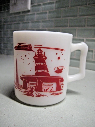 VTG HAZEL ATLAS BUCK ROGERS MILK GLASS OUTER SPACE ASTRONAUT CHILD'S MUG RED