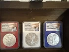 2021  Silver American Eagles T-1, Trump Labels - Red, White & Blue  -  NGC MS70