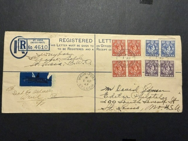 1947 St Lucia KGVI 3d Postal Reg Envelope Vieux-Fort (Beane Field) to St Louis