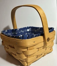 Longaberger 1999 Medium Berry Basket 7" Square, Swing Handle, Protector & Liner