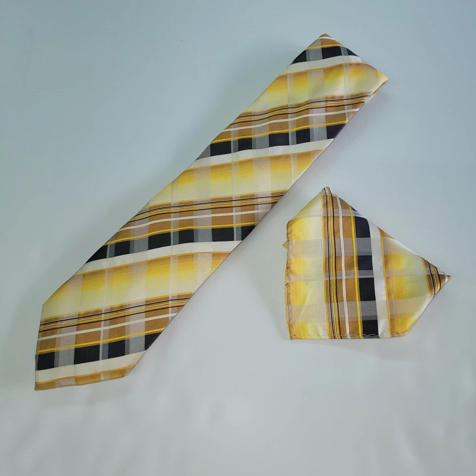 Juego de corbata y cuadrado de bolsillo Steven Land amarilla a cuadros 100 % seda para hombre Foto 2 de 4