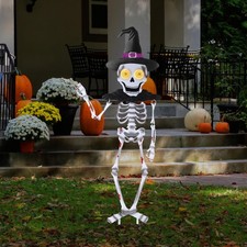 35.5" Metal Halloween Skeleton Yard Signs with Stakes Moving Solar-powered LE...