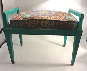 Vtg Cushioned Wood Hand Painted Foot Stool /Seat Handles Primitive Brass Accent
