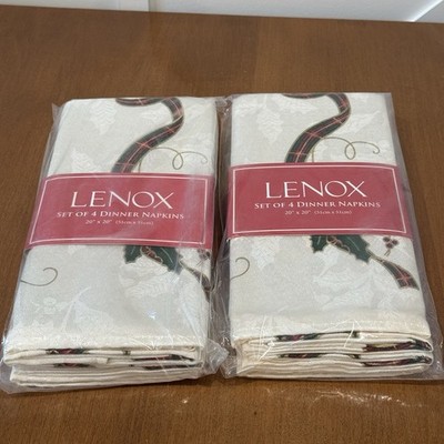 Lenox Holiday Nouveau Dinner Napkins Christmas Plaid Gold Ribbon Set Of 8 New