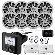 Marine Bluetooth Radio, 8x 6.5" Speaker, 2x Amp w/Kit, Splitter, Antenna White