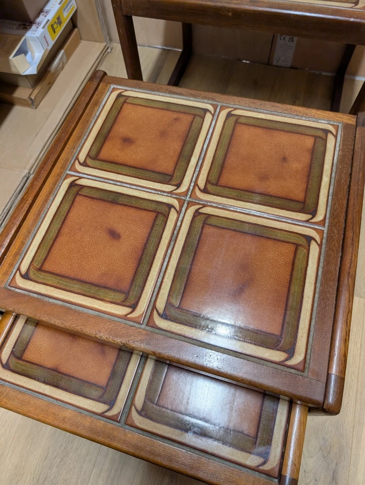 Englender Mid Century Vintage Tile & Teak Topped Nest of Tables - 1970s - Image 3 of 4