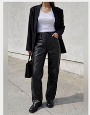 Good American Women Black Leather High Rise Straight Leg Pants Pockets 30"