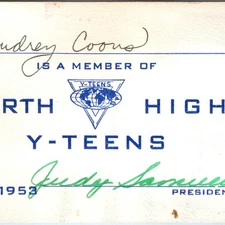 1952-1953 North High Y-Teens Membership Card Audrey Coons YWCA Youth Vintage