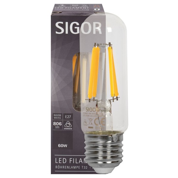 Led-Filament-Lampe RöHre T32 Klar E27 Dimmbar Filamentlampe Sigor SIG-6139801-image